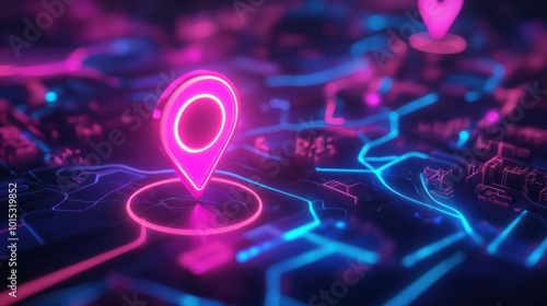 Digital GPS, neon map pin location. Innovation navigation technology concept, network connection, information pointers