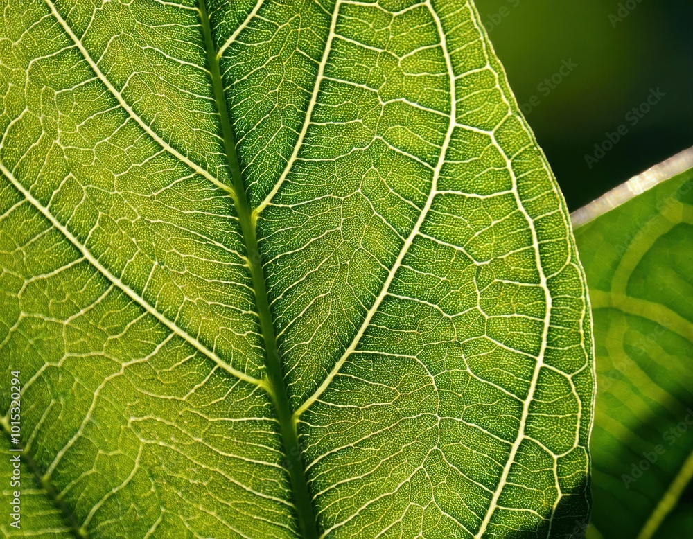 Fototapeta premium microscopic detail of a green leaf showing the fine structure of the veins with some warm sun light