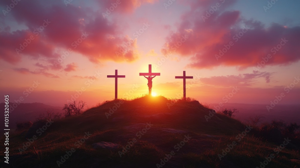 The silhouette of three crosses on top of a hill The silhouette of three crosses on top of a hill