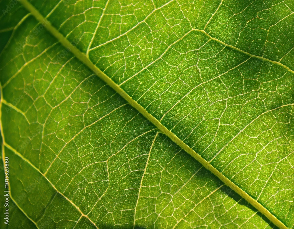 Fototapeta premium microscopic detail of a green leaf showing the fine structure of the veins with some warm sun light