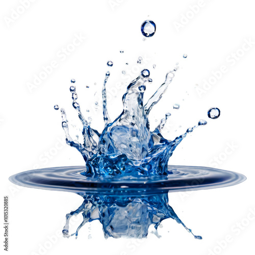 Water splash creates vibrant ripples in clear liquid on a reflective surface ...