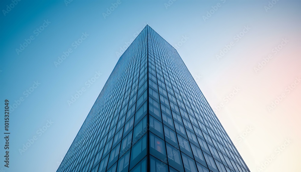 Unique Glass Pyramid Skyscraper at Sunset with Reflections Unique Glass Pyramid Skyscraper at Sunset with Reflections