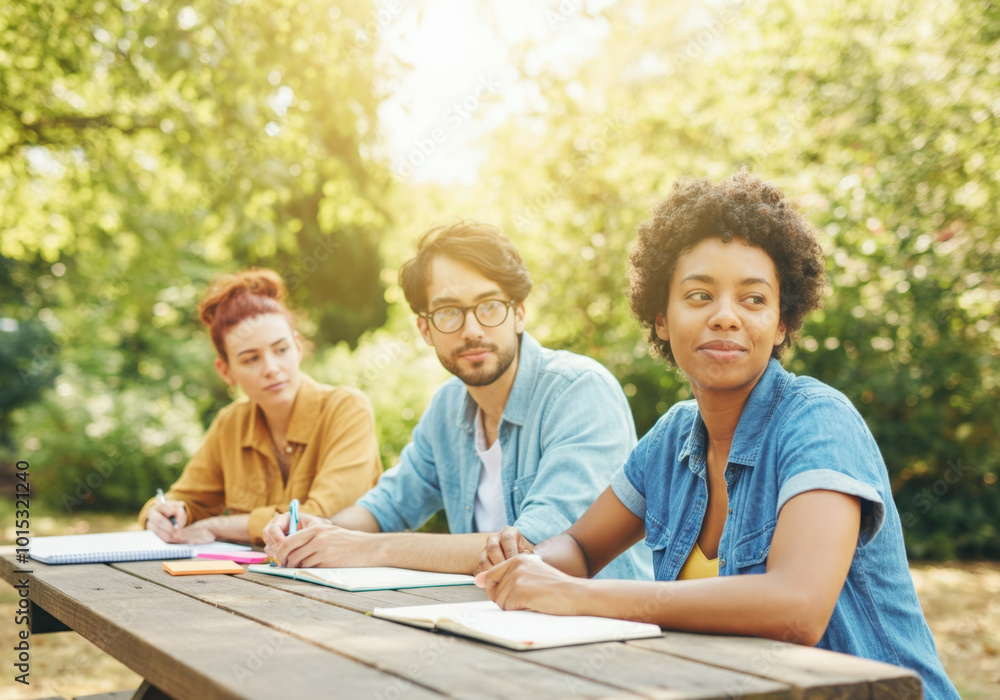 Three students are sitting around a wooden table in a park, taking notes and studying for an exam Three students are sitting around a wooden table in a park, taking notes and studying for an exam