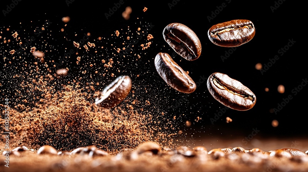 A stunning image of coffee beans tumbling down onto a mound against a dark backdrop, with a vivid splash of liquid in close-up A stunning image of coffee beans tumbling down onto a mound against a dark backdrop, with a vivid splash of liquid in close-up