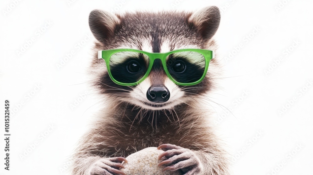 Funny raccoon in green sunglasses showing a rock gesture isolated on white background Funny raccoon in green sunglasses showing a rock gesture isolated on white background