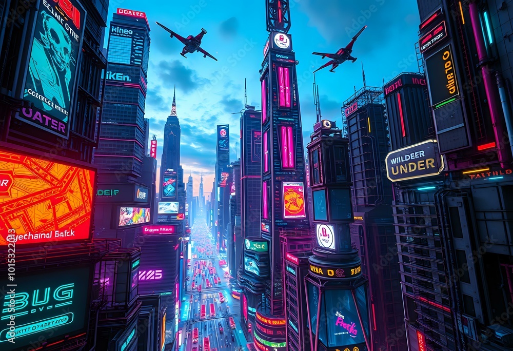 Obraz premium Vibrant Cityscape at Night with Brightly Lit Buildings and Bustling Street Life