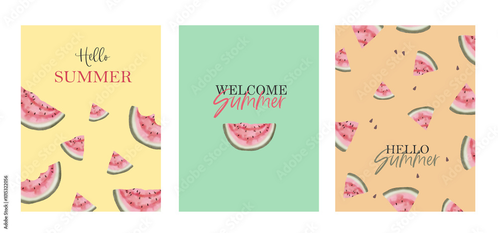 Set of three postcards of watermelons illustrations. Sliced watermelons on template postcards for summer vibe Set of three postcards of watermelons illustrations. Sliced watermelons on template postcards for summer vibe