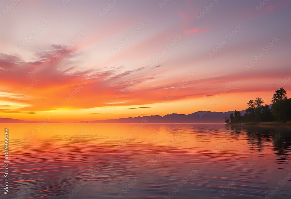Serene Sunset Lake Oasis with Mountains and Island Serene Sunset Lake Oasis with Mountains and Island