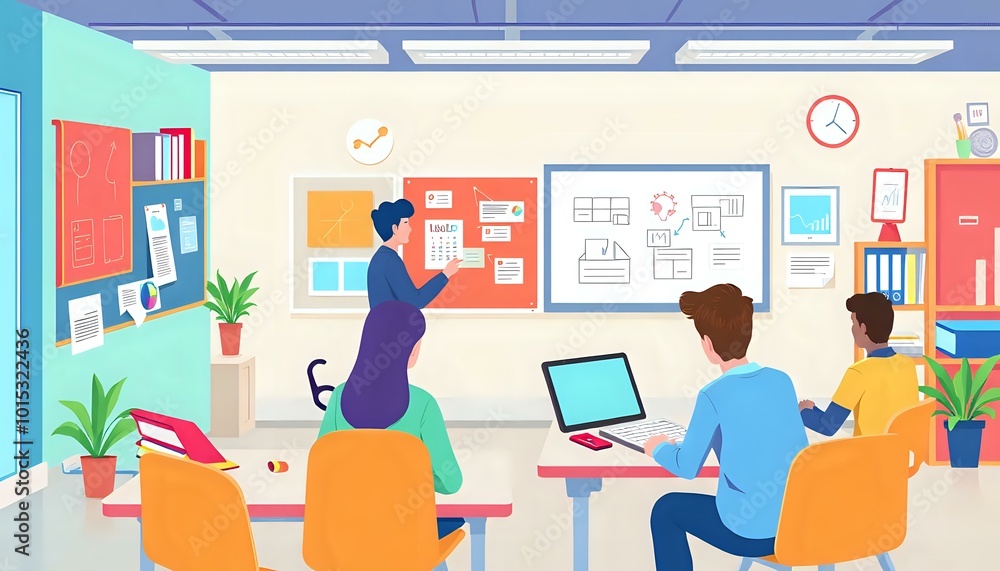 Vibrant Classroom Scene with Collaborative Learning Environment, Student Collaboration, Interactive Whiteboard Vibrant Classroom Scene with Collaborative Learning Environment, Student Collaboration, Interactive Whiteboard