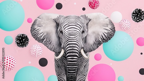   A zebra stands before a pink and blue wall, adorned with balls on its back An elephant's head protrudes from the trunk photo