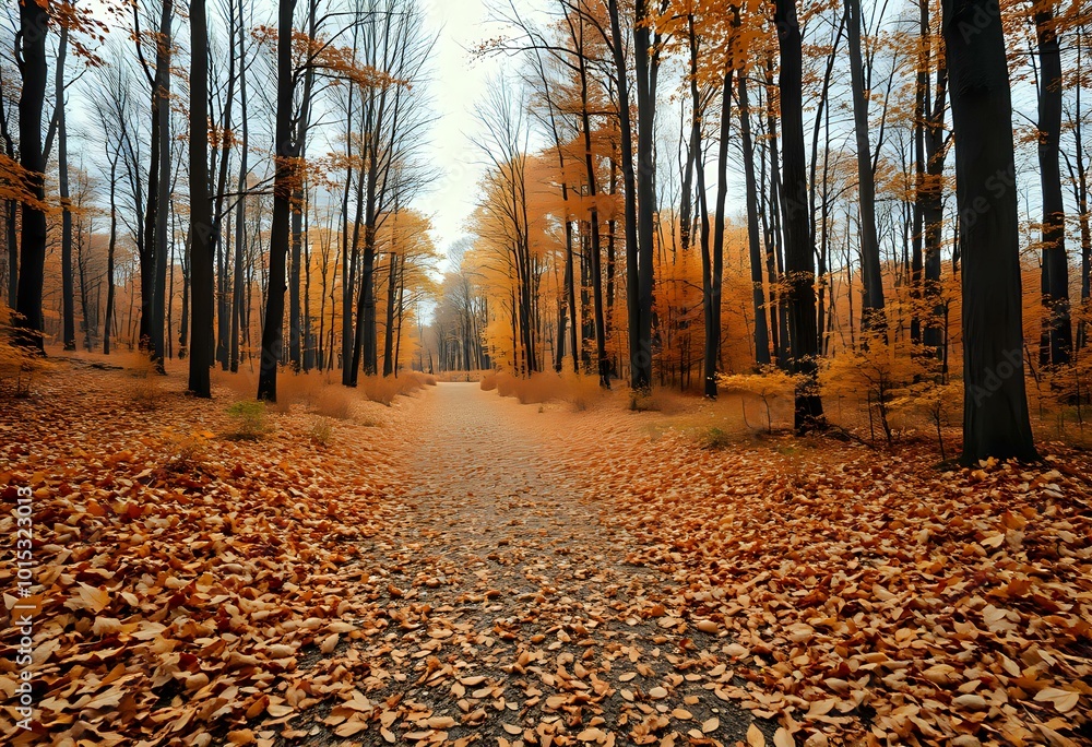 Autumn Forest Pathway: Serene Fall Landscape with Orange Leaves Autumn Forest Pathway: Serene Fall Landscape with Orange Leaves