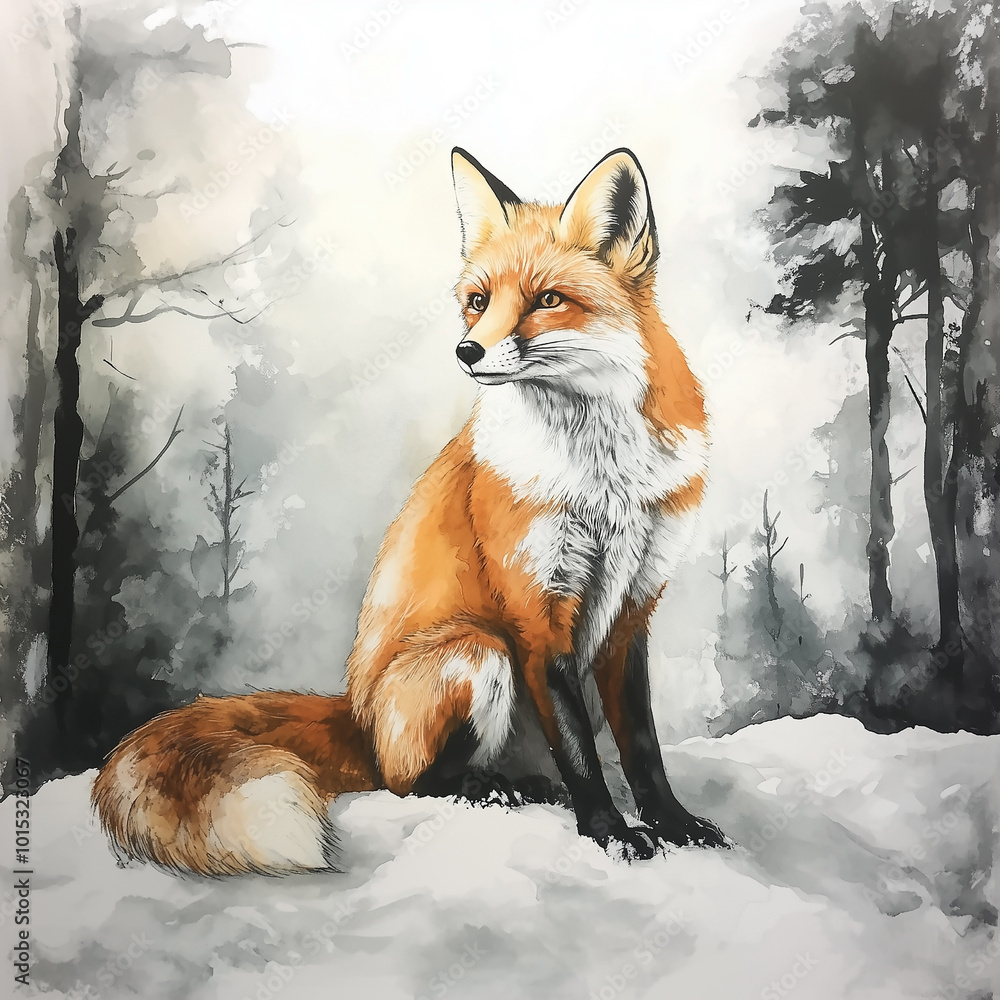Obraz premium A red fox sits in the snow, surrounded by white trees and a gray sky.