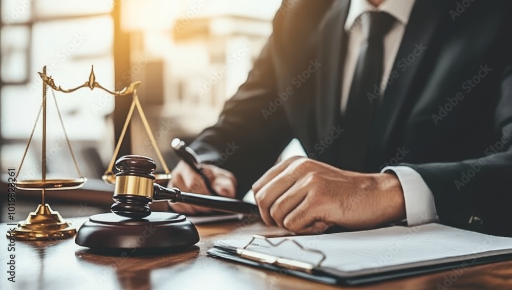Dedicated Real Estate Attorney - A professional male lawyer working at his desk, surrounded by legal documents, a gavel, and a house model. Dedicated Real Estate Attorney - A professional male lawyer working at his desk, surrounded by legal documents, a gavel, and a house model.