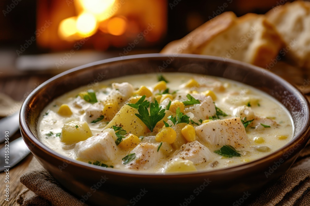 Rustic Fish Chowder with Potatoes and Corn in a Creamy Broth for Comfort Food Lovers Rustic Fish Chowder with Potatoes and Corn in a Creamy Broth for Comfort Food Lovers