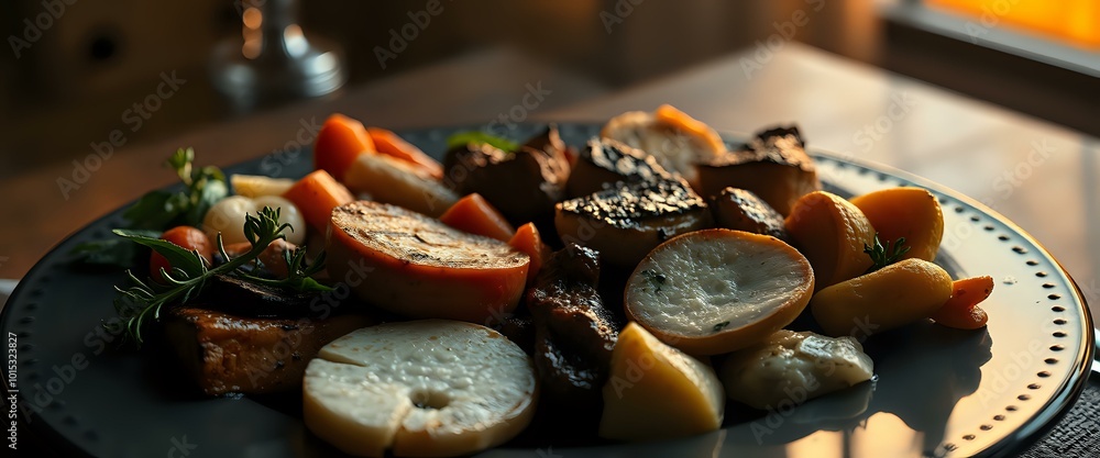 Vibrant Fresh Fruit Platter with Grilled Bread and Roasted Meat Vibrant Fresh Fruit Platter with Grilled Bread and Roasted Meat