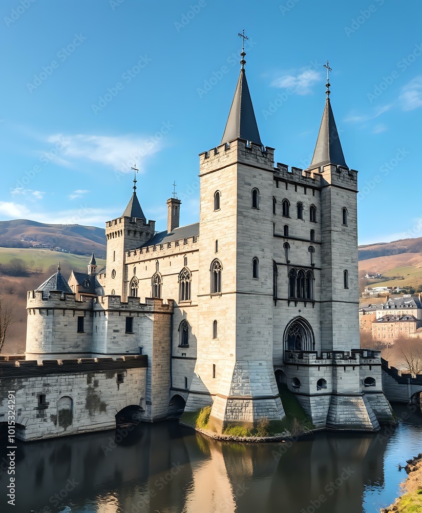 Fototapeta premium Majestic Castle Perched on Lush Green Hill with Four Towering Spires