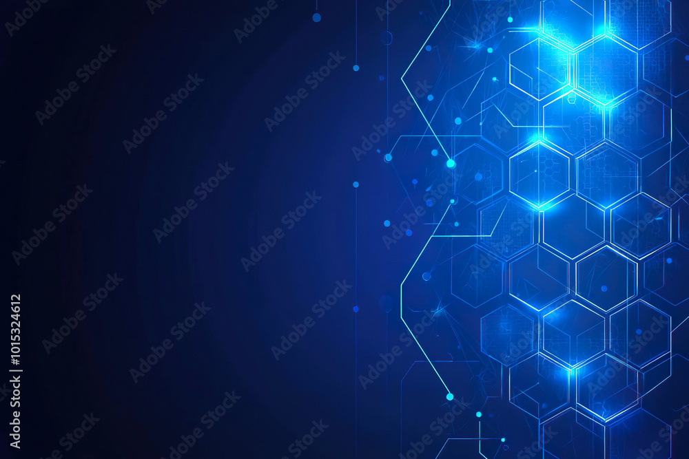 Obraz premium Glowing hexagonal pattern with interconnected lines on a dark blue background. AI-generated