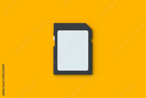 Blank SD card on orange background. SDXC memory stick. Storage for digital information. Top view. 3d render photo