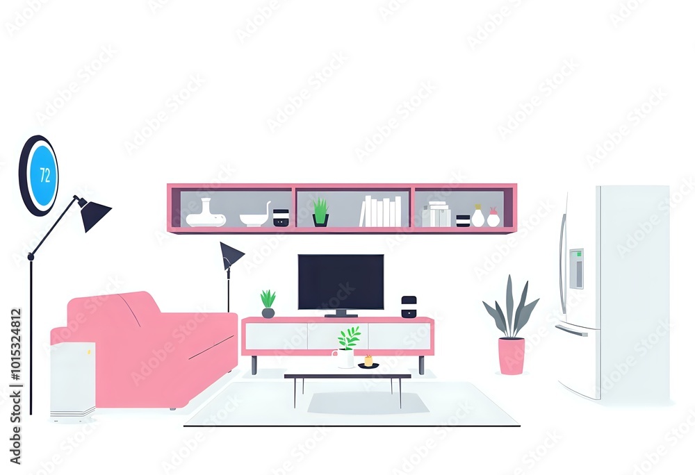 Cozy Modern Living Room with Pink Couch and Warm Lighting Cozy Modern Living Room with Pink Couch and Warm Lighting