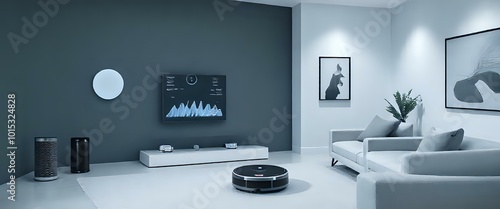 Modern Living Room with Artwork, TV, and Floral Accents - 21:9 Aspect Ratio