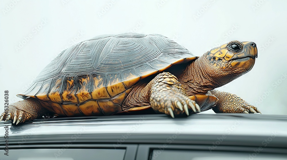 Naklejka premium Turtle perched on car roof in close-up