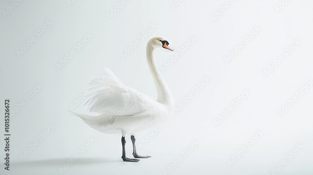 Fototapeta premium White swan standing on hind legs, wings spread, head turned