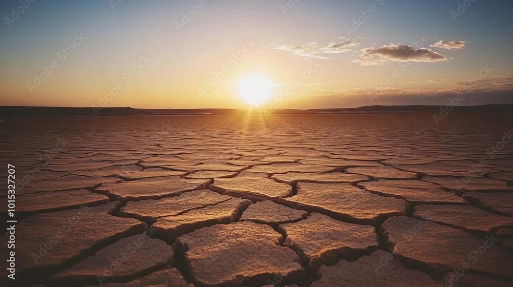 Obraz premium Sunset Over a Dying Earth and Scorched Earth: A dramatic desert scene highlighting the devastating effects of global warming,offering a stark reminder of environmental challenges.