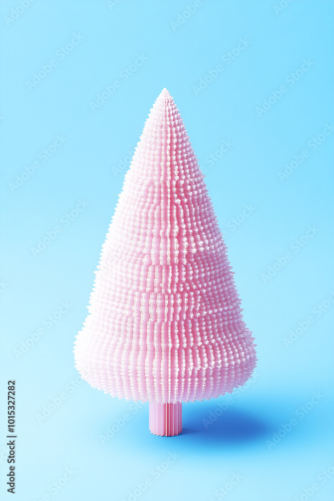 A pink Christmas tree ornament stands against a bright blue background, creating a whimsical holiday decor piece A pink Christmas tree ornament stands against a bright blue background, creating a whimsical holiday decor piece
