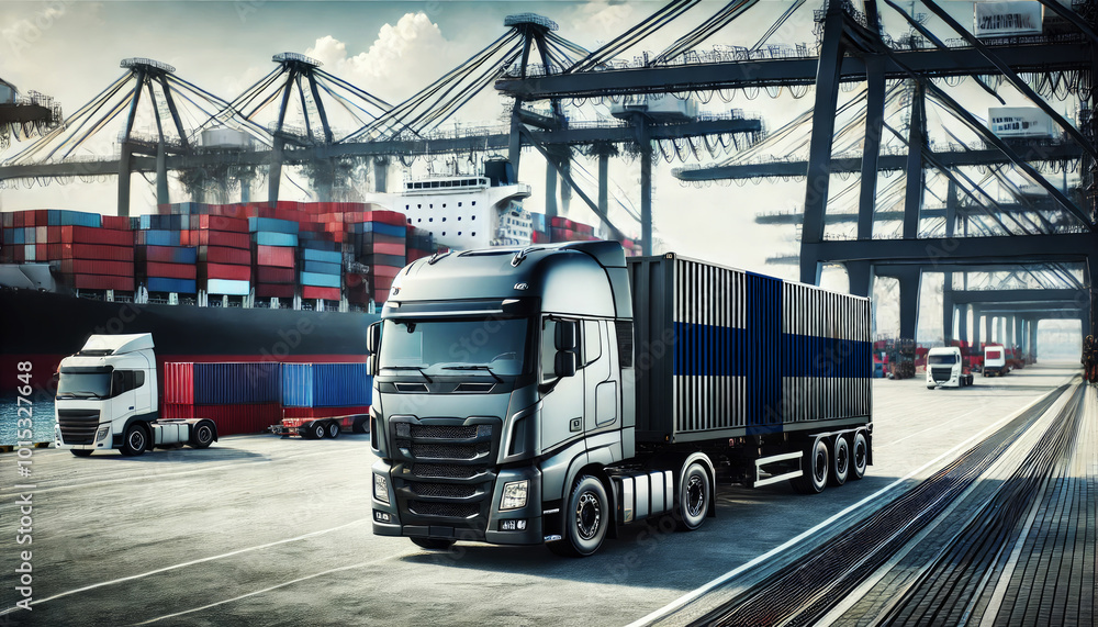 Fototapeta premium Modern freight truck with an Finland flag container at a busy port, surrounded by cargo ships and cranes. Ideal for showcasing global shipping, logistics, and transportation