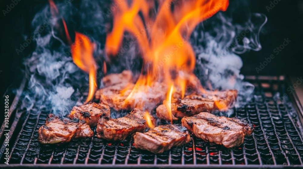 Sizzling Meat on Fiery Grill: A Delectable Barbecue Scene Sizzling Meat on Fiery Grill: A Delectable Barbecue Scene
