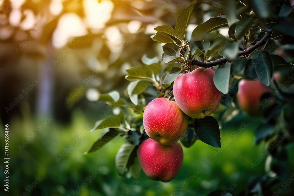 Obraz premium Organic ripe apple fruits in sunlight. Fruit trees in a summer garden.