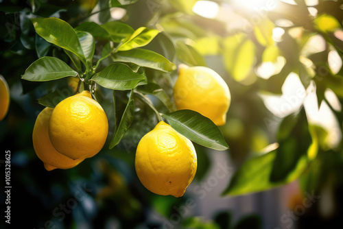 Organic ripe lemon fruits in sunlight. Fruit trees in a summer garden.