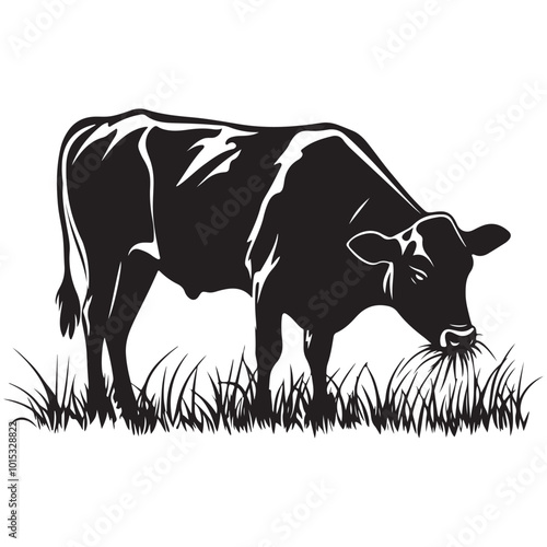 Cow silhouette Vector Illustration, Cow Grazing On Meadow, Dairy farm cow vector silhouette icon. Beef cattle cow animal farmer isolated illustration
