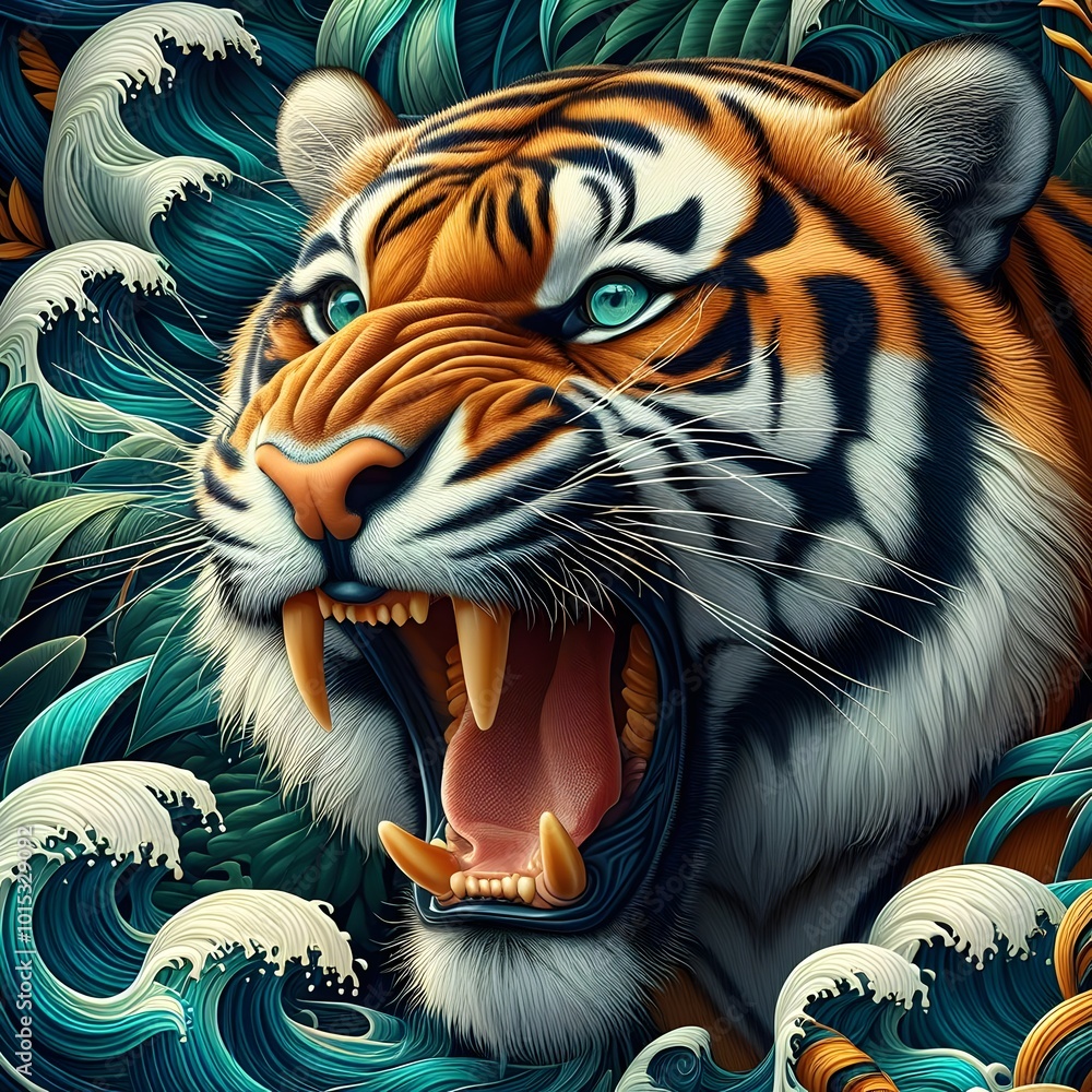 A ferocious, roaring tiger depicted in an abstract, intricate style. Swirling patterns blend with the tiger's striking features, creating a vivid representation of its raw power and beauty. A ferocious, roaring tiger depicted in an abstract, intricate style. Swirling patterns blend with the tiger's striking features, creating a vivid representation of its raw power and beauty.