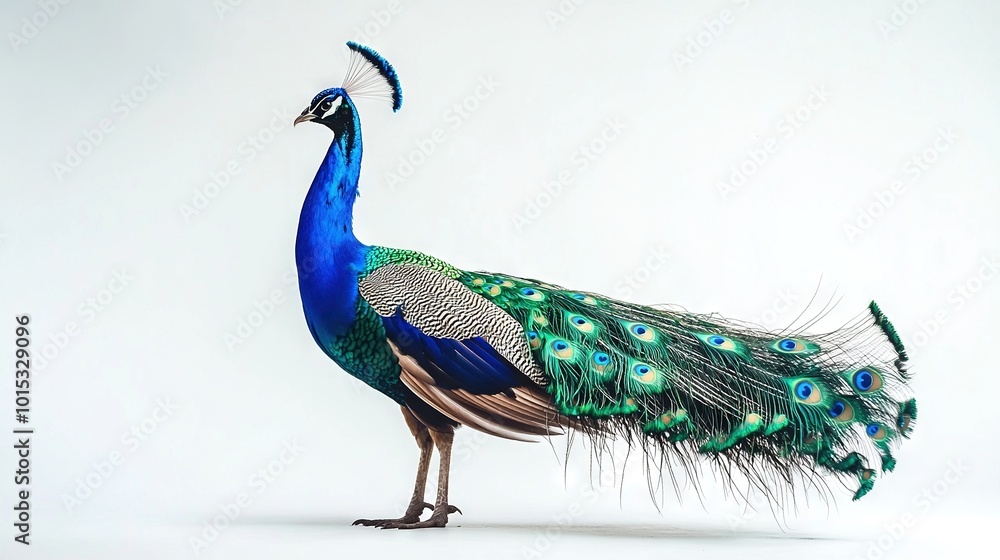 Fototapeta premium Close-up of a peacock on white background with blue tail and feathers spread across its body
