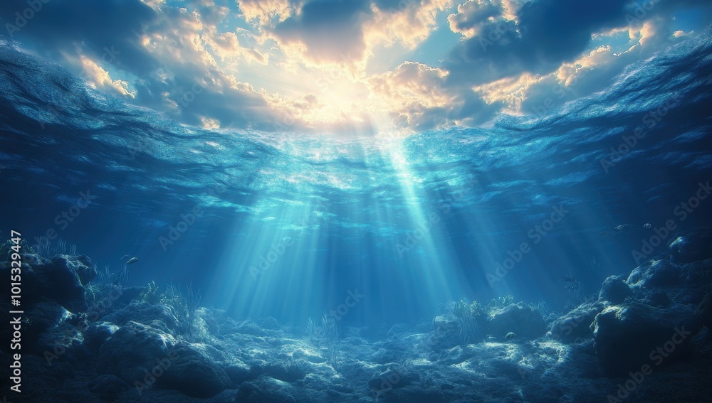 Split underwater view with sunny sky and serene sea Split underwater view with sunny sky and serene sea