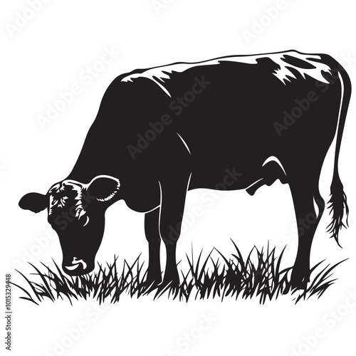 Cow silhouette Vector Illustration, Cow Grazing On Meadow, Dairy farm cow vector silhouette icon. Beef cattle cow animal farmer isolated illustration