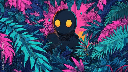   A digital portrait of an individual amidst a lush woodland of flora and foliage, featuring an unusual facial expression at the focal point