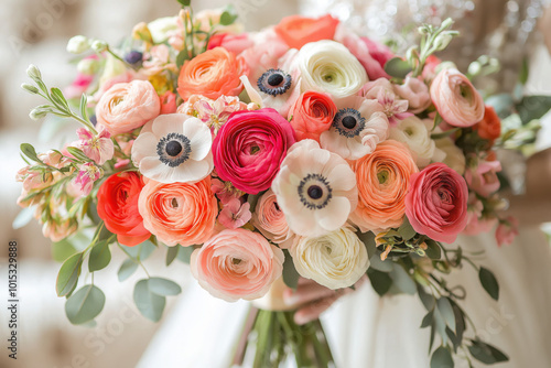 Vibrant Wedding Bouquet: Anemones and Ranunculus with Pink, Orange, and White Petals