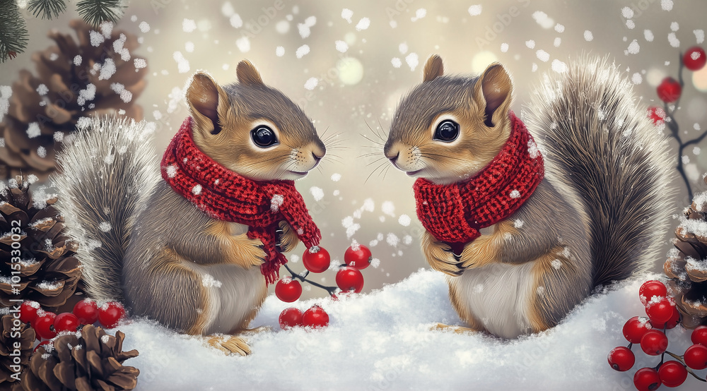 Two adorable baby squirrels in scarves, surrounded by snow, pine cones, red berries, and Christmas decorations. Two adorable baby squirrels in scarves, surrounded by snow, pine cones, red berries, and Christmas decorations.