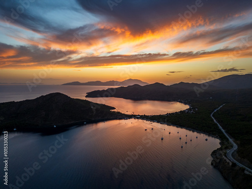 Aerial view of Aktur - Datca, Mugla - Turkey, Sunset over the sea and islands photo