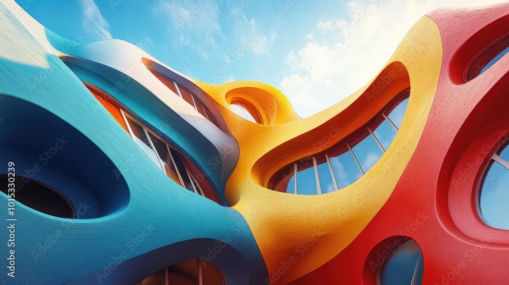 Vibrant Abstract Architecture with Surreal Curves and Bold Colors Against Blue Sky Vibrant Abstract Architecture with Surreal Curves and Bold Colors Against Blue Sky