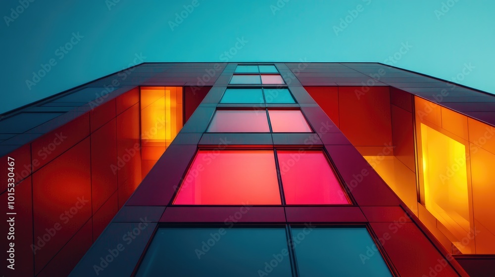 Fototapeta premium Vibrant Urban Architecture with Colorful Geometric Glass Facade at Dusk