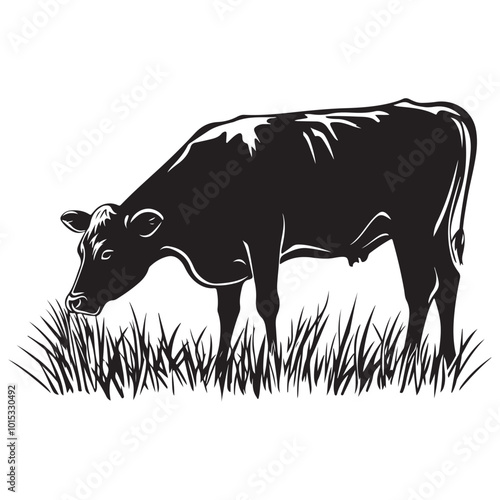 Cow silhouette Vector Illustration, Cow Grazing On Meadow, Dairy farm cow vector silhouette icon. Beef cattle cow animal farmer isolated illustration