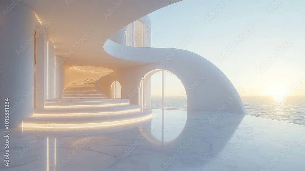 Futuristic Minimalist Architecture with Ocean View at Sunrise Futuristic Minimalist Architecture with Ocean View at Sunrise