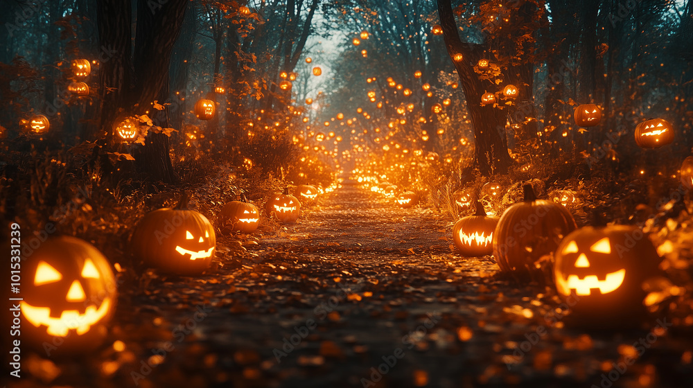 Halloween lanterns in the dark forest Halloween lanterns in the dark forest