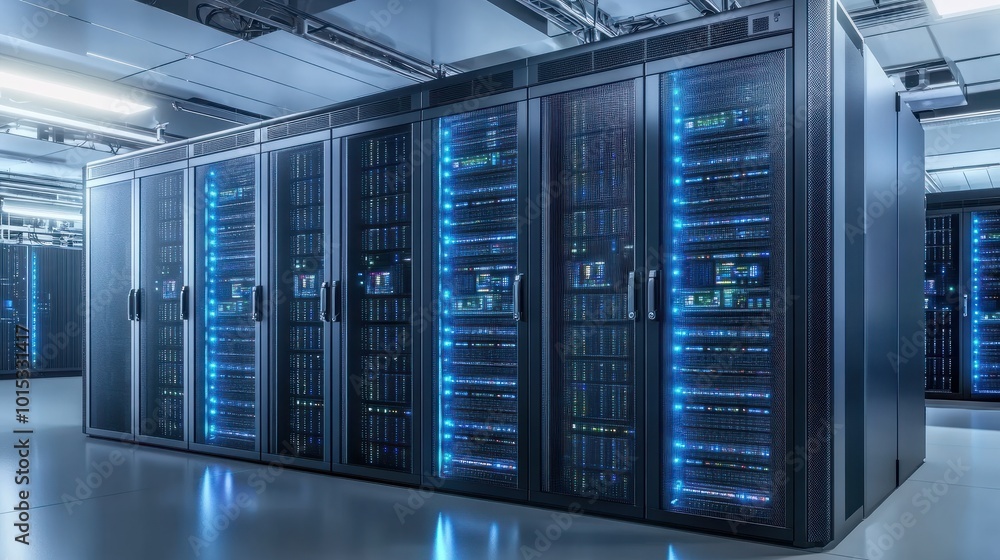 Server racks in computer network security server room data center. Server racks in computer network security server room data center.