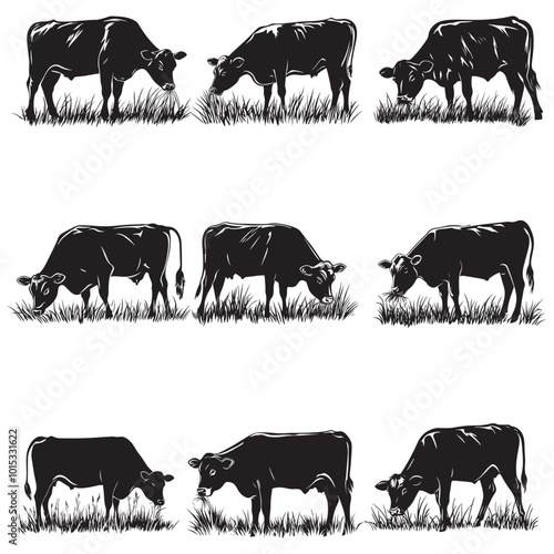 Cow silhouette Vector Illustration, Cow Grazing On Meadow, Dairy farm cow vector silhouette icon. Beef cattle cow animal farmer isolated illustration