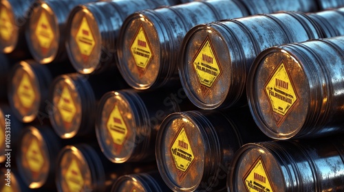 Hazardous Industrial Barrels - A towering stack of industrial metal barrels, each marked with bright yellow hazard signs, creates a visually striking and ominous scene.