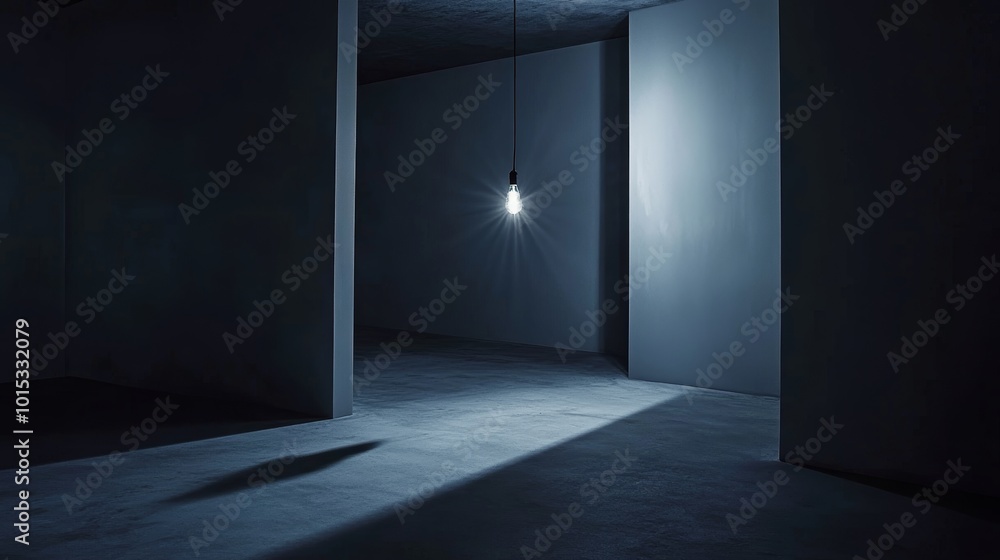 Solitude in Darkness - A dimly lit, empty room with a flickering light bulb, casting long shadows and creating a sense of isolation. Solitude in Darkness - A dimly lit, empty room with a flickering light bulb, casting long shadows and creating a sense of isolation.